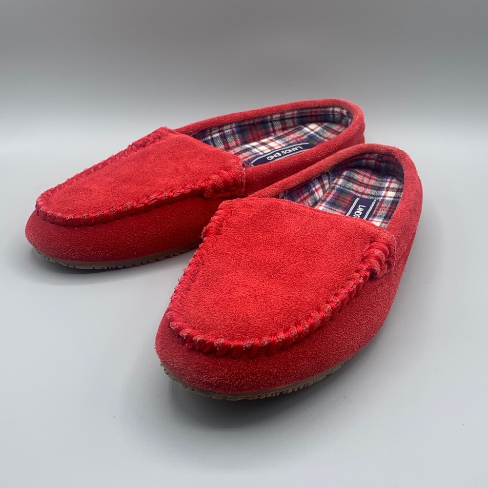 Lands' End Slippers Women's Red Suede Flannel Lined Clog Moccasin Size 8